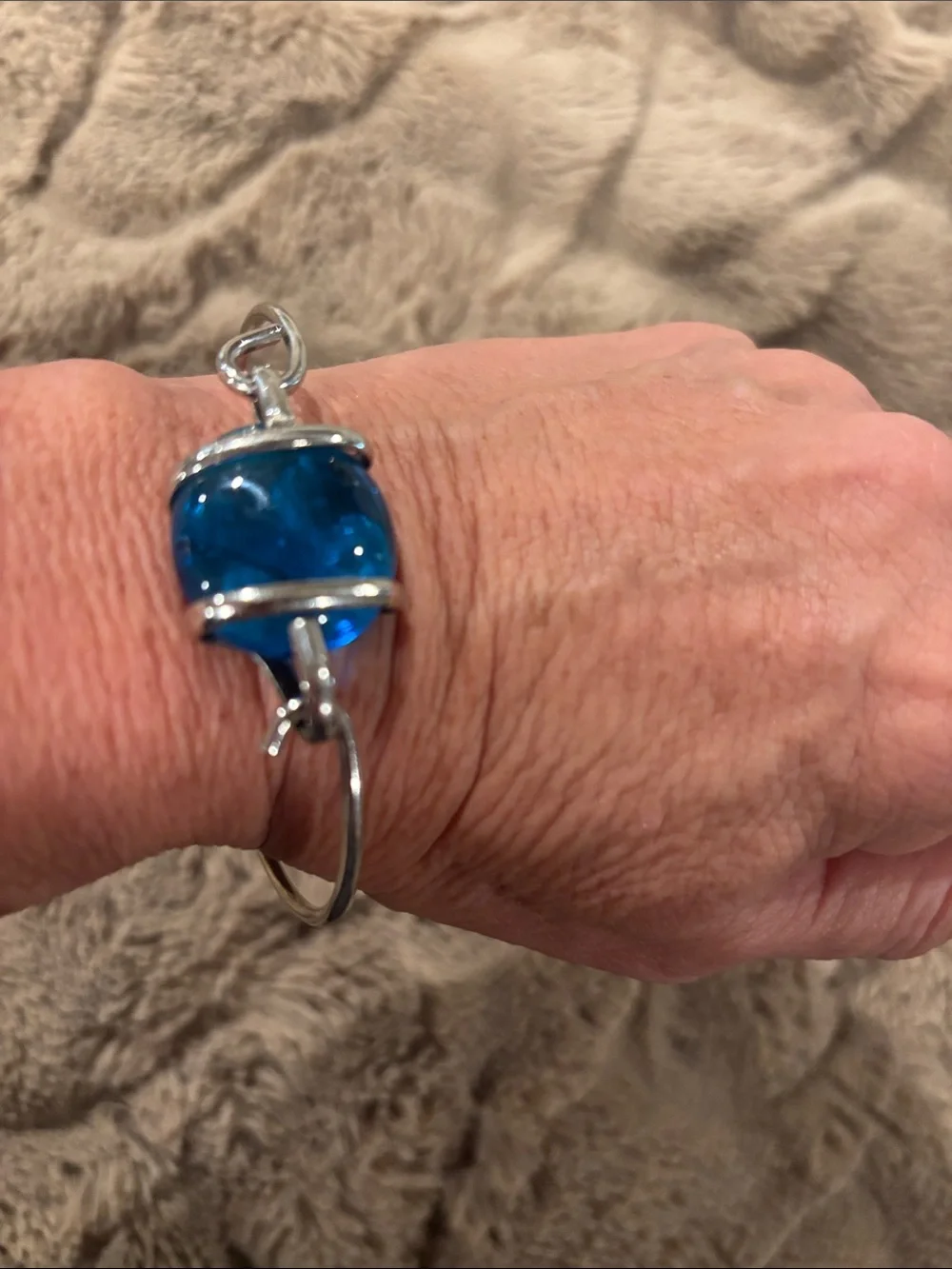 Blue Glass Orb Silver Bangle Bracelet - Women Jewelry
